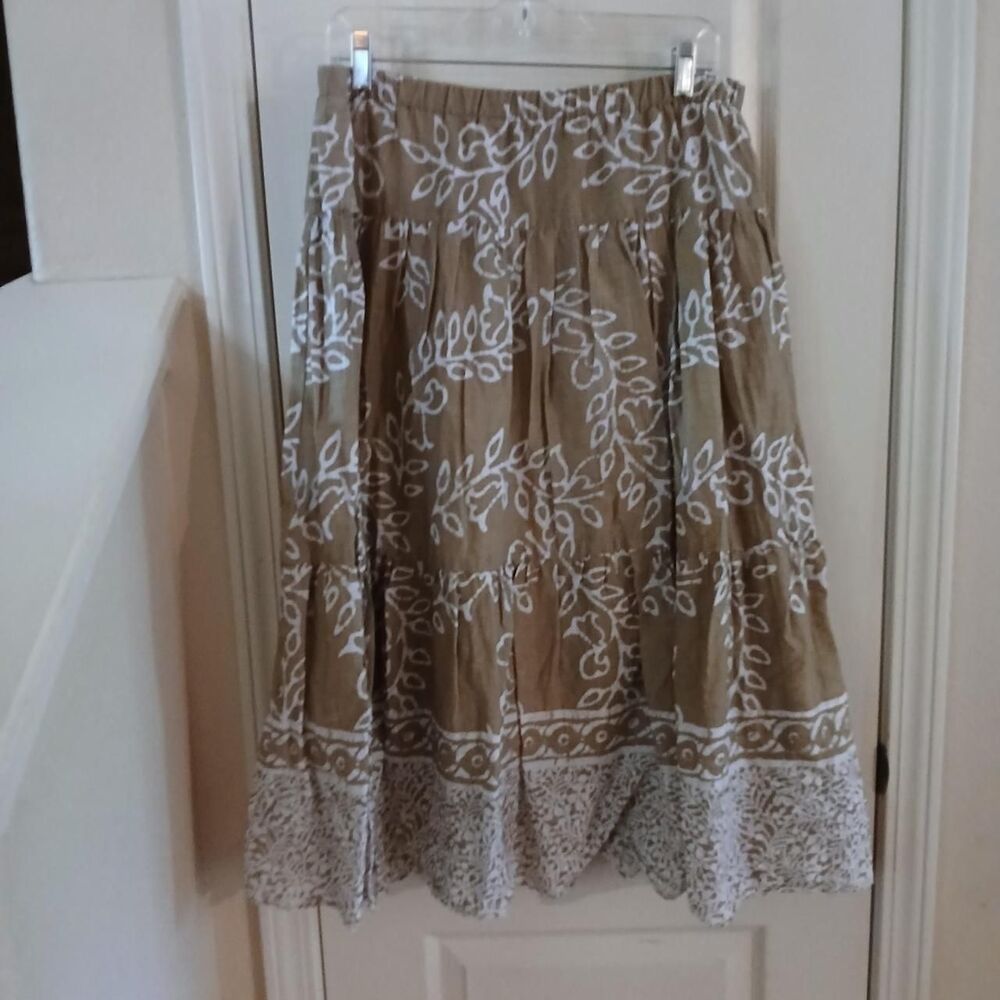 Y2K 90s Vintage Coldwater Creek tan/white leaf print cotton tiered maxi skirt M